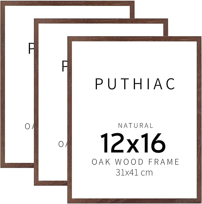 puthiac 12x16 Solid Oak Wood Picture Frame, Fits 8x12 with Mat or 12x16 Without Mat, Wall Display Only, Vertical or Horizontal, Plexi Front, 3 Pack, Walnut