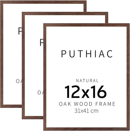 puthiac 12x16 Solid Oak Wood Picture Frame, Fits 8x12 with Mat or 12x16 Without Mat, Wall Display Only, Vertical or Horizontal, Plexi Front, 3 Pack, Walnut