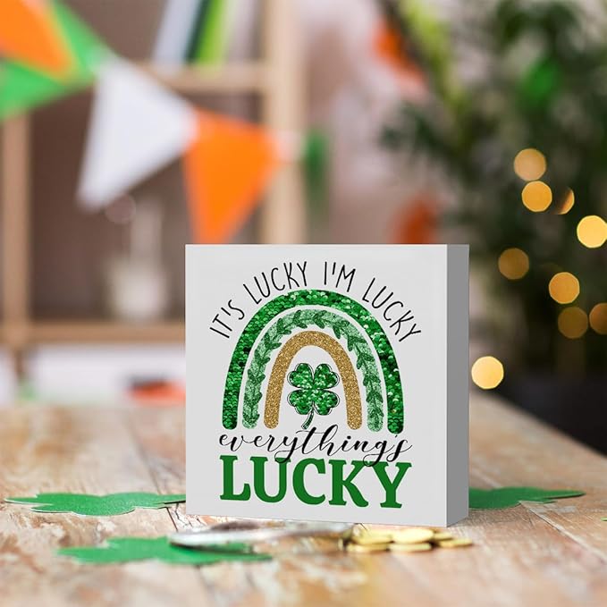 It's Lucky I'm Lucky Everything Lucky Funny St Patricks Day Shamrock Decor Desk Decor Wooden Box Sign St Patricks Day Decorations Irish Blessing Wood Block Plaque Box Sign for Home Decoration
