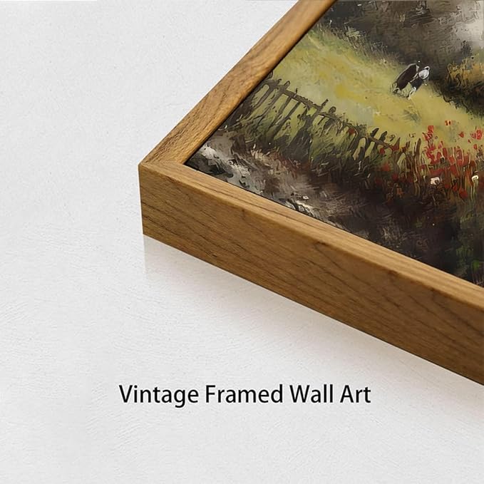 OIQArtOIQ Vintage Landscape Canvas Wall Art Framed Natural Scenery Painting Artwork Prints France Country Wilderness Farmhouse Decor Pictures Kitchen Bedroom Living Room Bathroom
