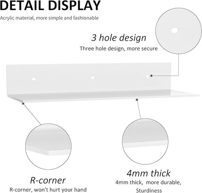 2 Pack White Acrylic Floating Shelves 15 Inches, Wall Hanging Bathroom Shelves, Wall Storage Shelf for Kitchen, Dining Room, Living Room, Bedroom, Bathroom, Retail, Supermarket