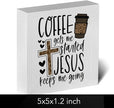 Christian Coffee Decor Wood Sign, Farmhouse Kitchen Wall Art with Inspirational Quote, Religious Rustic Wood Box for Coffee Bar, Shelf, Desktop