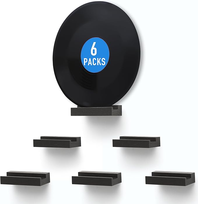 Wood Vinyl Record Shelf Wall Mount, Small Wall Record Holder Display Shelf, Vinyl Record Shelves Record Album Display Holder for LP, CD, Book Art Storage Vintage Home Decor (6, Black)