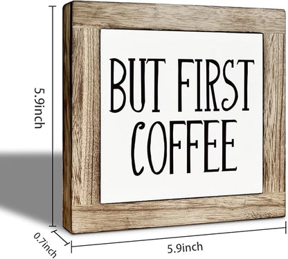 But First Coffee Wood Sign, Farmhouse Cafe Wooden Box Decor, Rustic Wooden Table Top Decoration, Coffee Bar Table Decoration Gift, Office Desk Sign 5.9X5.9 Inches