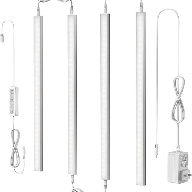 ASOKO Under Cabinet Led Light Plug in, Dimmable Cold White 5000K, 4 Pack 12 inch Linkable Led Under Counter Lights for Kitchen