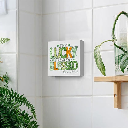 Not Lucky Simply Blessed Funny St Patricks Day Shamrock Decor Desk Decor Wooden Box Sign St Patricks Day Decorations Irish Blessing Wood Block Plaque Box Sign for Home Decoration