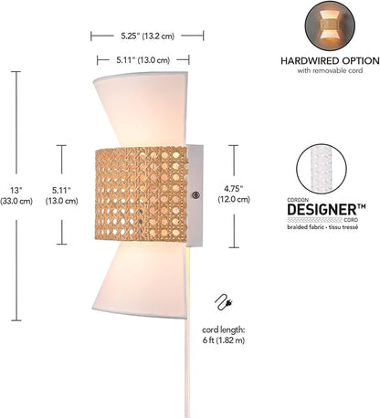 Globe Electric 65925 2-Light Plug-in or Hardwire Wall Sconce, Matte White Fabric Shade with Natural Rattan Accent, 6ft Braided Cord, in-Line Rocker Switch, Modern Lighting for Apartments or Renters