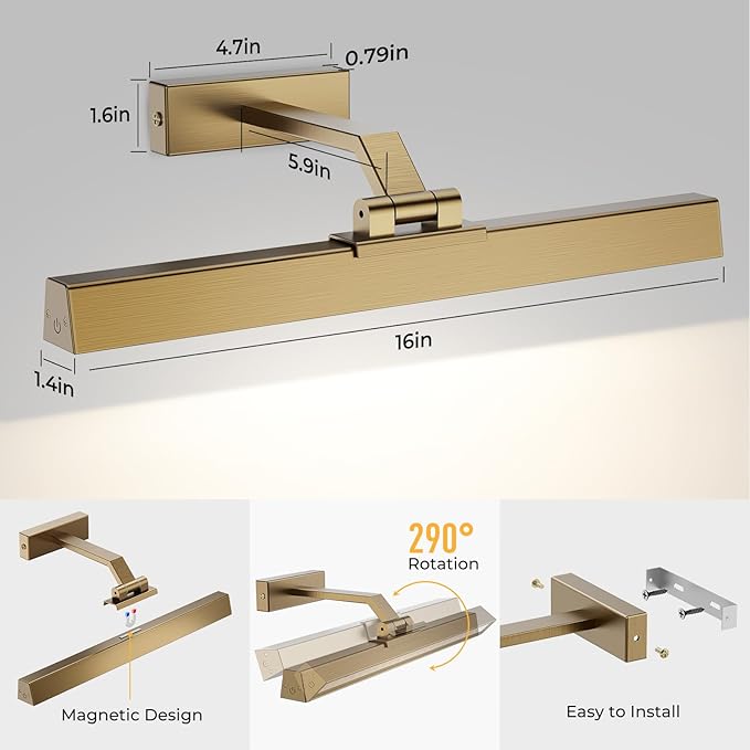 Picture Lights for Wall, Brass Battery Operated Picture Light 16in Art Light CCT Dimmable Recharging Battery Wall Light with Remote Control for Living Room Gallery