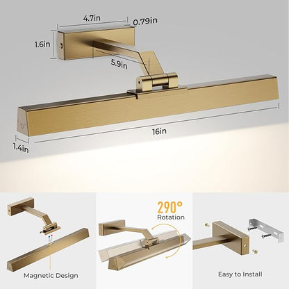 Picture Lights for Wall, Brass Battery Operated Picture Light 16in Art Light CCT Dimmable Recharging Battery Wall Light with Remote Control for Living Room Gallery