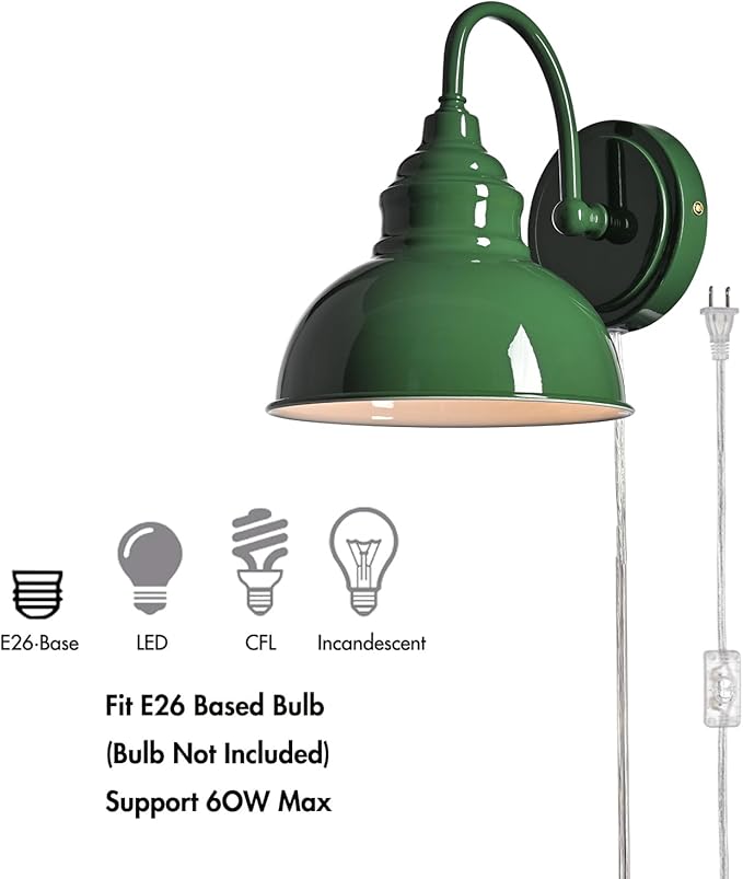 Plug-in Wall Sconce with On-Off Switch Modern Gooseneck Mini Green Wall Light for Bedroom Hallway Living Room Dining Room