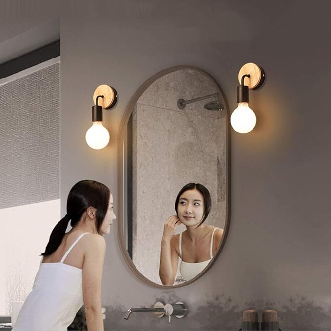 Vintage Loft Style Wooden Base Wall Lights Metal Lamp Minimalist Indoor Wall Sconces E26 Lamp Holder Lighting for Living Room Bedrooms (Bulb Sold Separately) (Black)