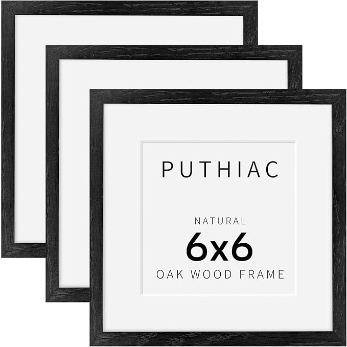 puthiac 6x6 Solid Oak Wood Picture Frame, Fits 4x4 with Mat or 6x6 Without Mat, Wall or Tabletop Display with Stand, Plexi Front, 3 Pack, Black