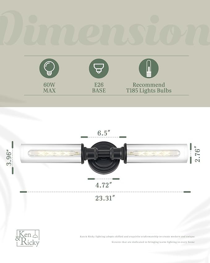 Ken & Ricky Modern Bathroom Sconces Set of 2, Matte Black Bathroom Wall Sconces,24-Inch Wall Sconce Light Fixtures for Bathroom Living Room Bedroom