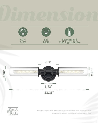 Ken & Ricky 24" Bathroom Light Fixtures, Black Wall Sconce with Clear Glass Shade, Bathroom Vanity Lights Over Mirror for Living Room Bedroom Kitchen Hallway, KR3376-W-BK-1PK