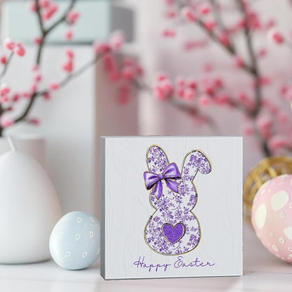 Purple Happy Easter Sign Easter Table Decor Bow Bunny Decor Blue And White Chinoiserie Decor Wooden Box Sign for Home Office Bedroom Living Room Desk Shelves