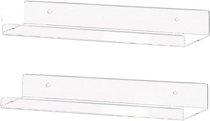 Weiai Clear Acrylic Shelf 15" Invisible Floating Wall Ledge Bookshelf, Kids Book Display Shelves Wall Mounted (15 Inch 2Pack)