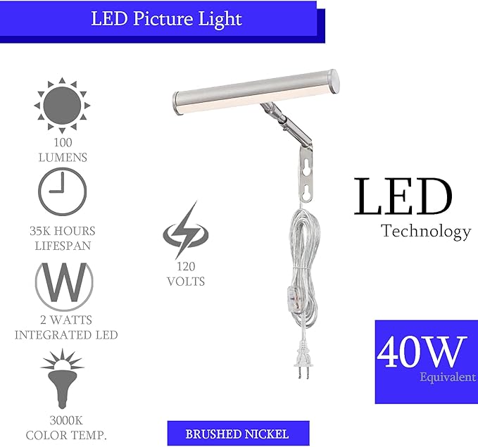 Ciata 7-Inch Picture Light with Integrated LED,3000K Warm White, 2Watt (40W Eqv) Metal Wall Mount Artwork Display Light, CRI90, 96 in Cord Length with in-line On/Off Switch in Brushed Nickel Finish
