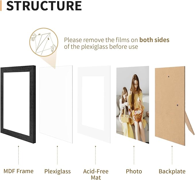 4x6 Picture Frame Set of 4, Displays 3.5x5 with Mat or 4x6 Without Mat, Photo Frames for Wall Hanging or Tabletop, Includes HD Plexiglass, Black