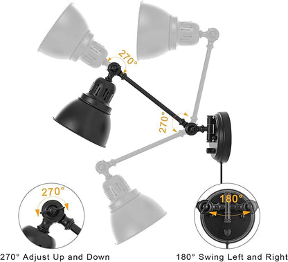 Plug in Wall Sconces, Wall Sconce Lighting with Dimmable On Off Switch, Swing Arm Wall Lamp, Black Metal Industrial Wall Light Fixtures, Safety E26 Base, 6FT Plug in Cord