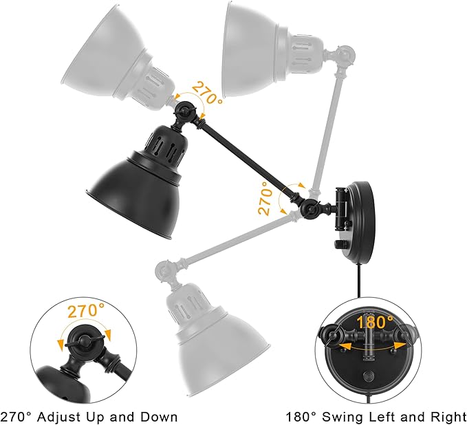Plug in Wall Sconces Set of 2, ENCOMLI Wall Sconce Lighting with Dimmable On Off Switch, Swing Arm Wall Lamp, Black Metal Industrial Wall Light Fixtures, Safety E26 Base, 6FT Plug in Cord