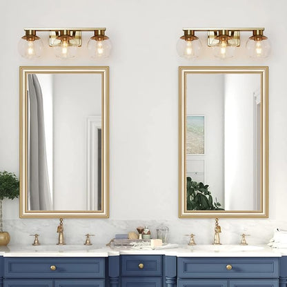3-Light Brushed Brass Bathroom Vanity Lights, Gold Bathroom Light Fixtures Over Mirror with Globe Glass Shade, 22in Modern Wall Sconces for Bath Mirror Bedroom Hallway, E26 Base (Bulbs Not Included)