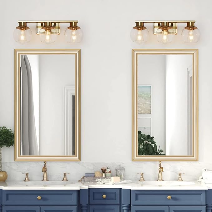 3-Light Brushed Brass Bathroom Vanity Lights, Gold Bathroom Light Fixtures Over Mirror with Globe Glass Shade, 22in Modern Wall Sconces for Bath Mirror Bedroom Hallway, E26 Base (Bulbs Not Included)