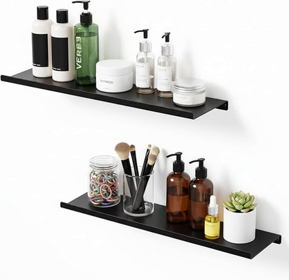 SRIWATANA Black Metal Wall Shelves, 17 Inch Floating Shelves for Bedroom, Living Room, Bathroom, Kitchen, Set of 2 - Matte Black
