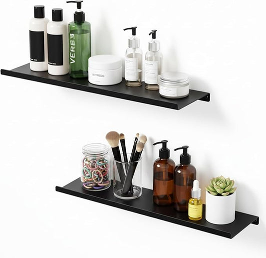 SRIWATANA Black Metal Wall Shelves, 17 Inch Floating Shelves for Bedroom, Living Room, Bathroom, Kitchen, Set of 2 - Matte Black
