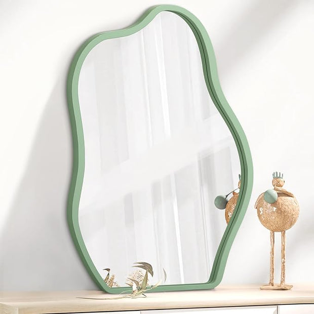 Asymmetrical Large Mirror Irregular Modern Mirror for Wall Decor Wooden Framed Hanging Wall Mirror Unique Shape Vanity Cloud Mirrors Decorative for Bedroom Bathroom Living Room Entryway