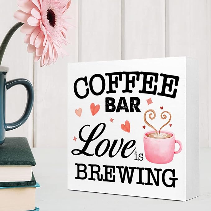 LVQHI Funny Kitchen Wood Block Signs,Coffee Bar Love is Brewing Wooden Box Sign for Home Shelf Bedroom Tabletop Desk Decor,Rustic Kitchen Office Cafe Sign Decor