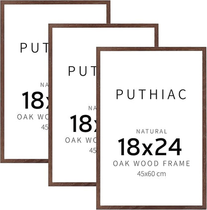 puthiac 18x24 Solid Oak Wood Picture Frame, No Mat, Wall Display Only, Vertical or Horizontal, Plexi Front, 3 Pack, Walnut