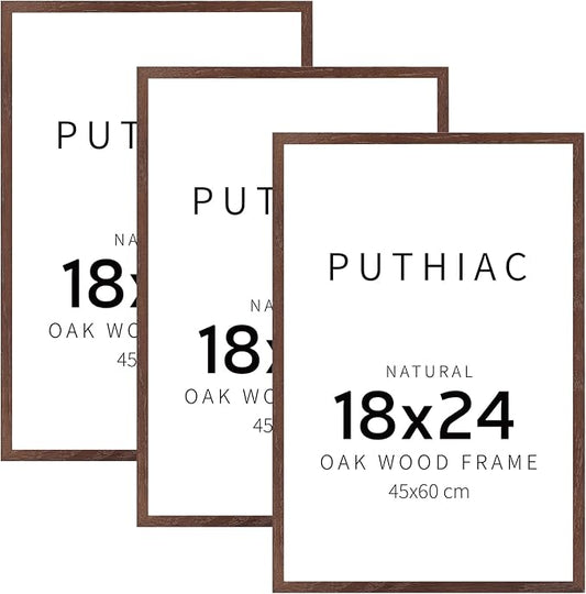 puthiac 18x24 Solid Oak Wood Picture Frame, No Mat, Wall Display Only, Vertical or Horizontal, Plexi Front, 3 Pack, Walnut