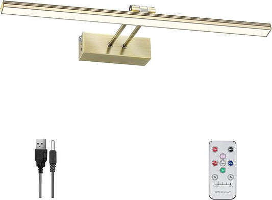 FUNCHDAY Picture Light,Battery Art Lights for Wall,Wireless Remote Painting Light with Timer and Dimmable,20”Metal Display Lighting for Artwork,Portrait,Gallery-Antique Brass