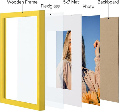 Vittanly 8x10 Picture Frames Set of 4, Display Pictures 5x7 with Mat or 8x10 without Mat, Gallery Wall Frame Set for Wall or Tabletop Display, Engineered Wood with Shatter Resistant Plexiglass, Yellow