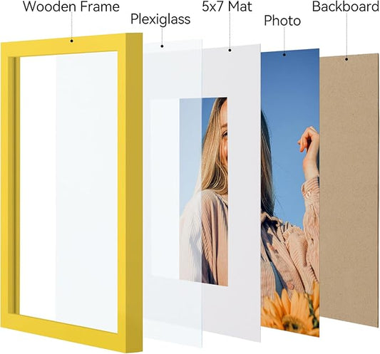 Vittanly 8x10 Picture Frames Set of 4, Display Pictures 5x7 with Mat or 8x10 without Mat, Gallery Wall Frame Set for Wall or Tabletop Display, Engineered Wood with Shatter Resistant Plexiglass, Yellow