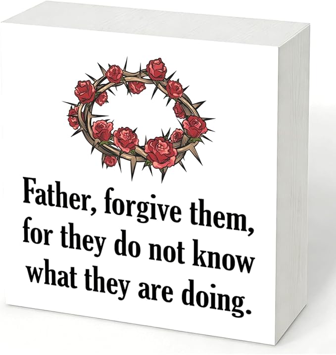 Christian Easter Decor Wooden Bible Verse Sign Father Forgive Them, Religious Crown of Thorns Design, Rustic Farmhouse Wall Desk Shelf Decoration