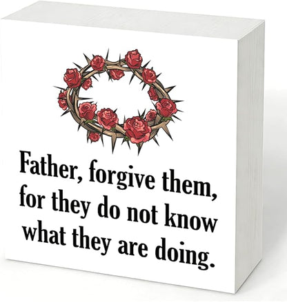 Christian Easter Decor Wooden Bible Verse Sign Father Forgive Them, Religious Crown of Thorns Design, Rustic Farmhouse Wall Desk Shelf Decoration