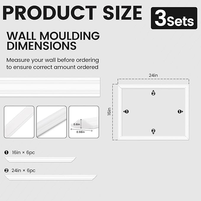 Peel and Stick Wainscoting Panels Kit, 3 Sets 16''x24'' Premade Wall Molding Peel and Stick Panels for Interior Wall Trim, Easy DIY Wainscoting Panels Peel and Stick Decor