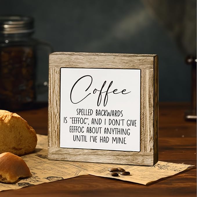 Farmhouse Coffee Wood Decor, Coffee Spelled Backwards Sign, Rustic Farmhouse Cafe Bar Decoration Accessories, Cafe Decor for Table, Funny Office Desk Decoration 5.9X5.9 Inches