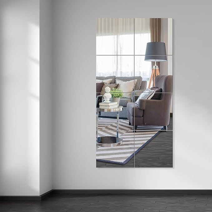 EVENLIVE® Full Body Mirror Tiles, Frameless Length Wall Mirror, for Home Gym, Door, Bedroom, Easy to Install 12 Inch x 8 PCS（Glass）