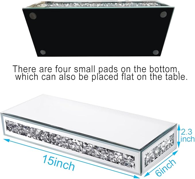 TACIDON Mirrored Floating Shelves - Crystal Crushed Diamond Modern Wall Shelves Set of 2, Gorgeous Glass Mirror Shelf for Home Decor, Bedroom, Living Room, Bathroom, Kitchen - Silver