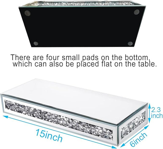 TACIDON Mirrored Floating Shelves - Crystal Crushed Diamond Modern Wall Shelves Set of 2, Gorgeous Glass Mirror Shelf for Home Decor, Bedroom, Living Room, Bathroom, Kitchen - Silver
