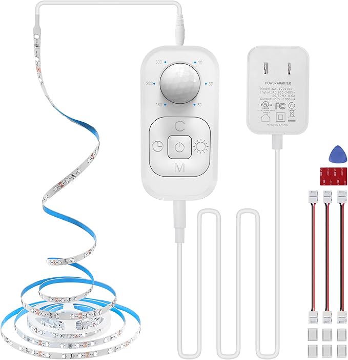 Motion Sensor Under Cabinet Lights - Plug-in LED Strip Lights Indoor with Power Adapter, Dimmer and Timer for Kitchen Cabinet, Counter, Shelf, Showcase, Stairway, Bedroom, Corridor, Washroom