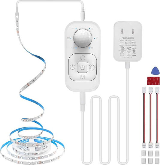 Motion Sensor Under Cabinet Lights - Plug-in LED Strip Lights Indoor with Power Adapter, Dimmer and Timer for Kitchen Cabinet, Counter, Shelf, Showcase, Stairway, Bedroom, Corridor, Washroom