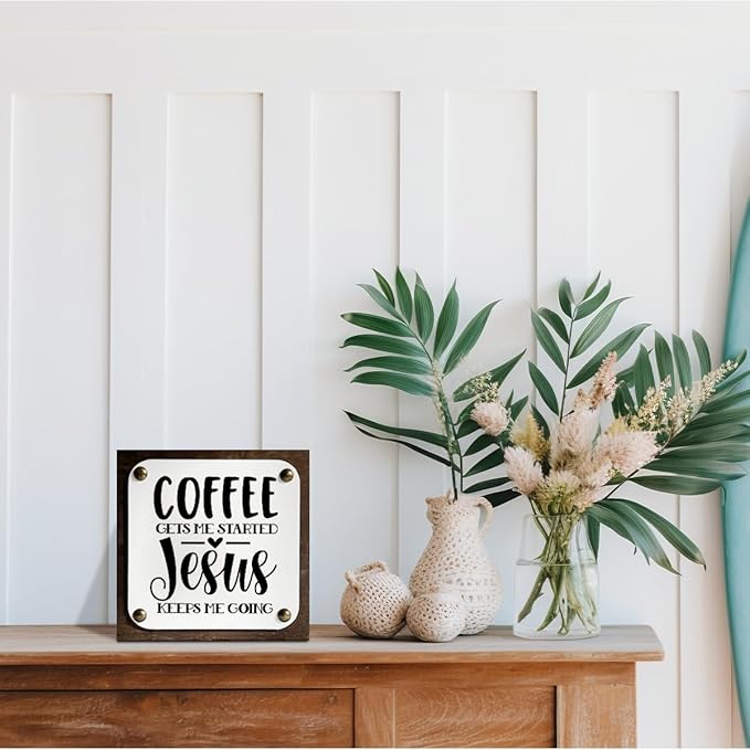 Coffee Wood Sign, Coffee Decor Art, Wooden Box Signs Decors Art, Christian Coffees Decors, Home Decor Accent, Coffees Gets Me Started Jesus Keeps Me Going Sign