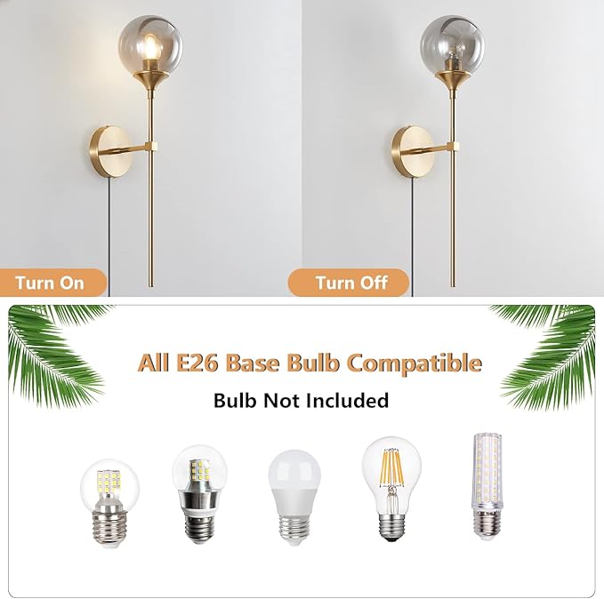 BOKT Brushed Brass Gold Wall Mounted Sconce Plug in Cord Mid Century Modern Globe Wall Light Fixture Plug in Vintage Long Pole Wall Lamp Smoke Gray Glass Wall Sconce Lighting (Smoke Gray-Plug in)