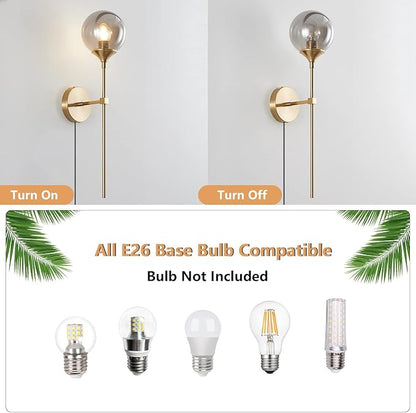 BOKT Brushed Brass Gold Wall Mounted Sconce Plug in Cord Mid Century Modern Globe Wall Light Fixture Plug in Vintage Long Pole Wall Lamp Smoke Gray Glass Wall Sconce Lighting (Smoke Gray-Plug in)