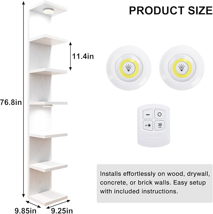 Fixwal 7 Tier Wall Mounted Shelf Unit White Floating Shelves with LED Lights Lack Wall Shelf for Home Decor Organizer Display