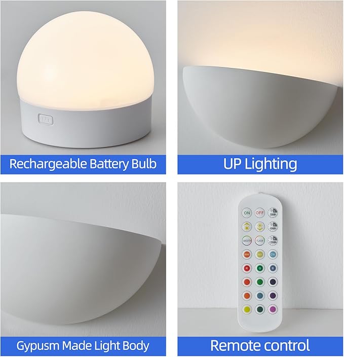 Repaintable Battery Operated Wall Sconce, Minimalist Half-Sphere Gypsum Rechargeable Wall Light with 5000mAh Dimmable Magnetic Bulb Remote, 12 RGB Colors Wireless Wall Lamp for Bedroom, Hallway Decor