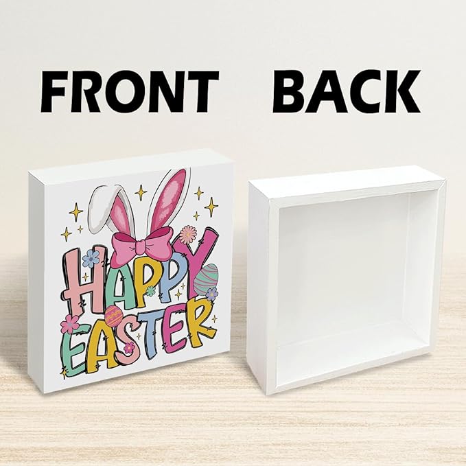 Easter Decorations for Home Happy Easter Bunny Wooden Box Sign, Cute Spring Table Decor, Farmhouse Easters Desk Decorations, Easters Porch Party Supplies, Holiday Shelf Plaque for Living Room Office